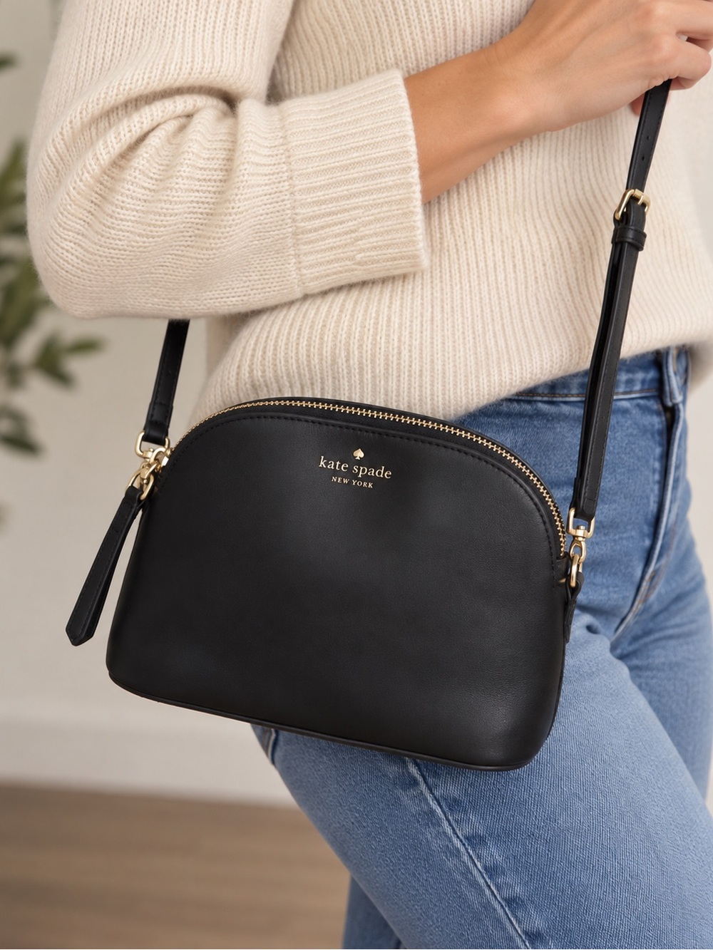 kate spade Black Leather Dome Crossbody with Gold Hardware